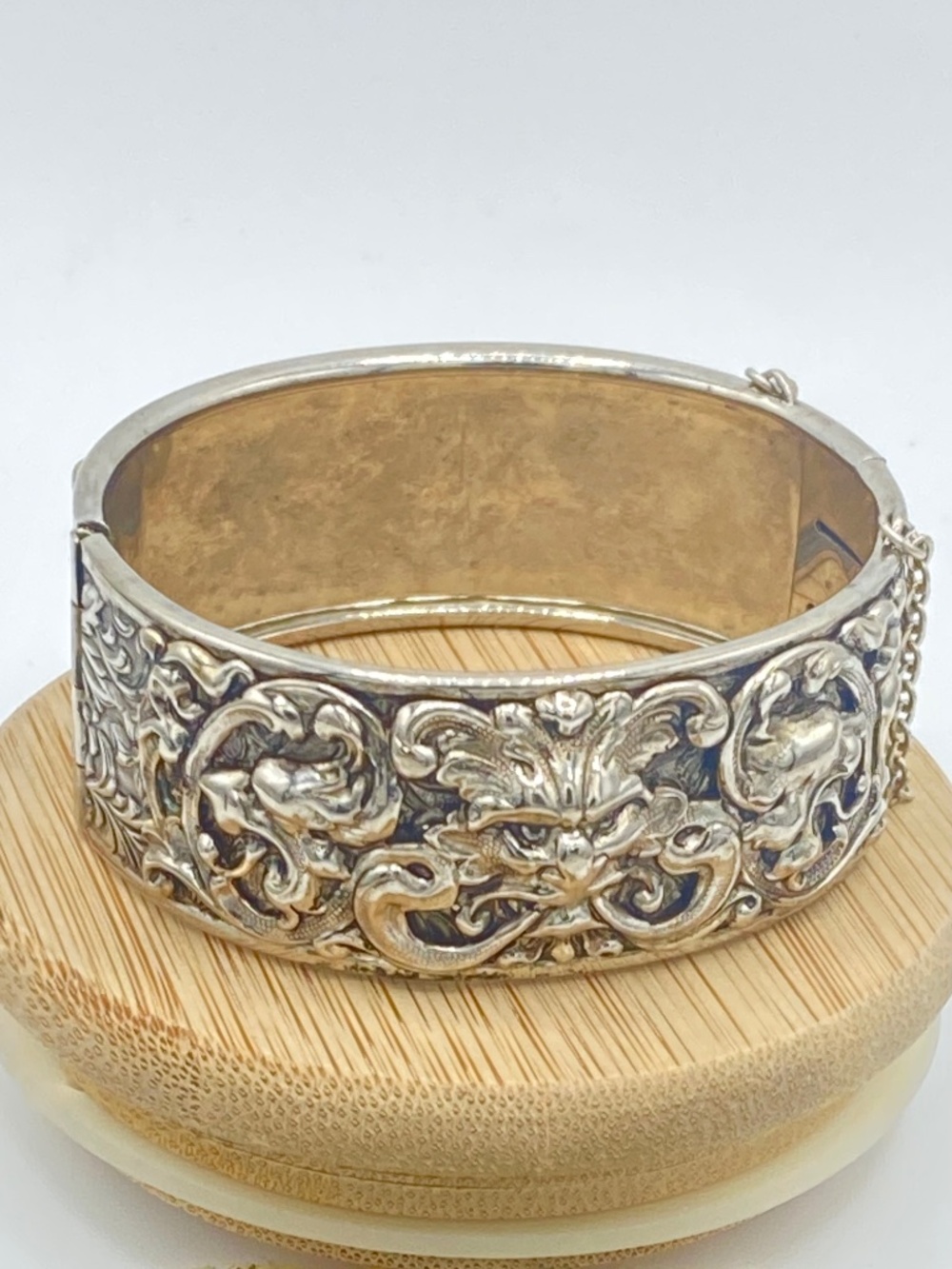 Vintage Marino North Wind Griffin Gargoyle Hinged Bangle Bracelet Silver Tone